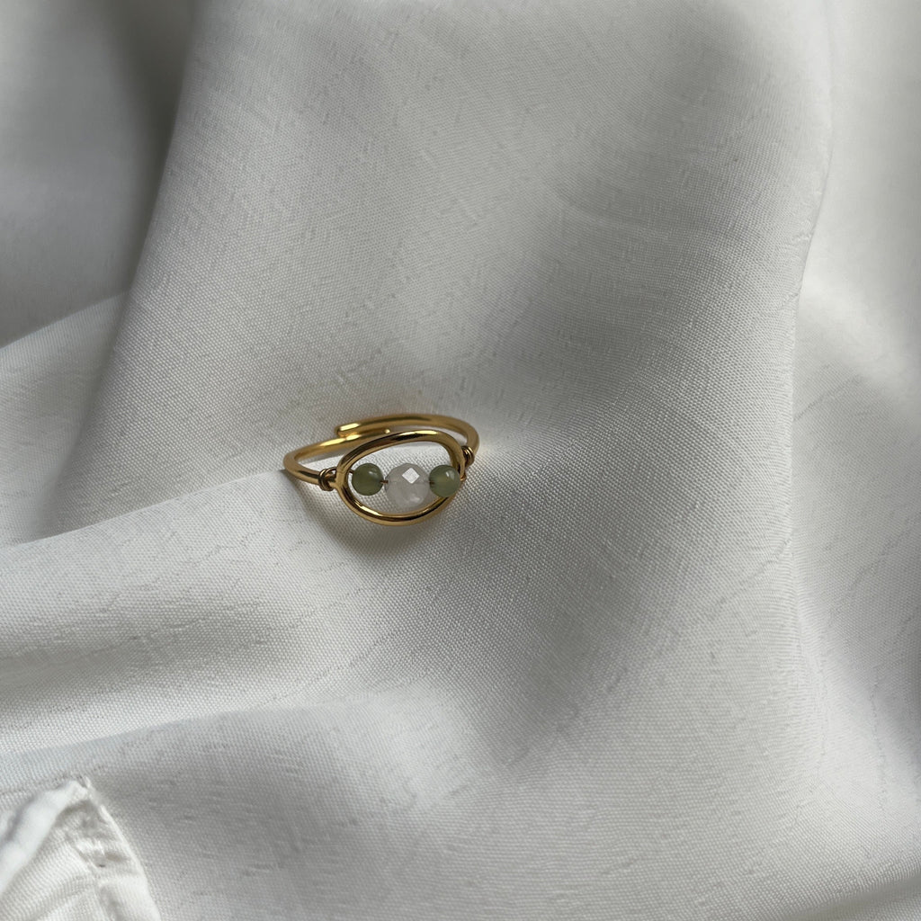 Bague Eze ajustable, acier inoxydable, et pierres naturelle vertes