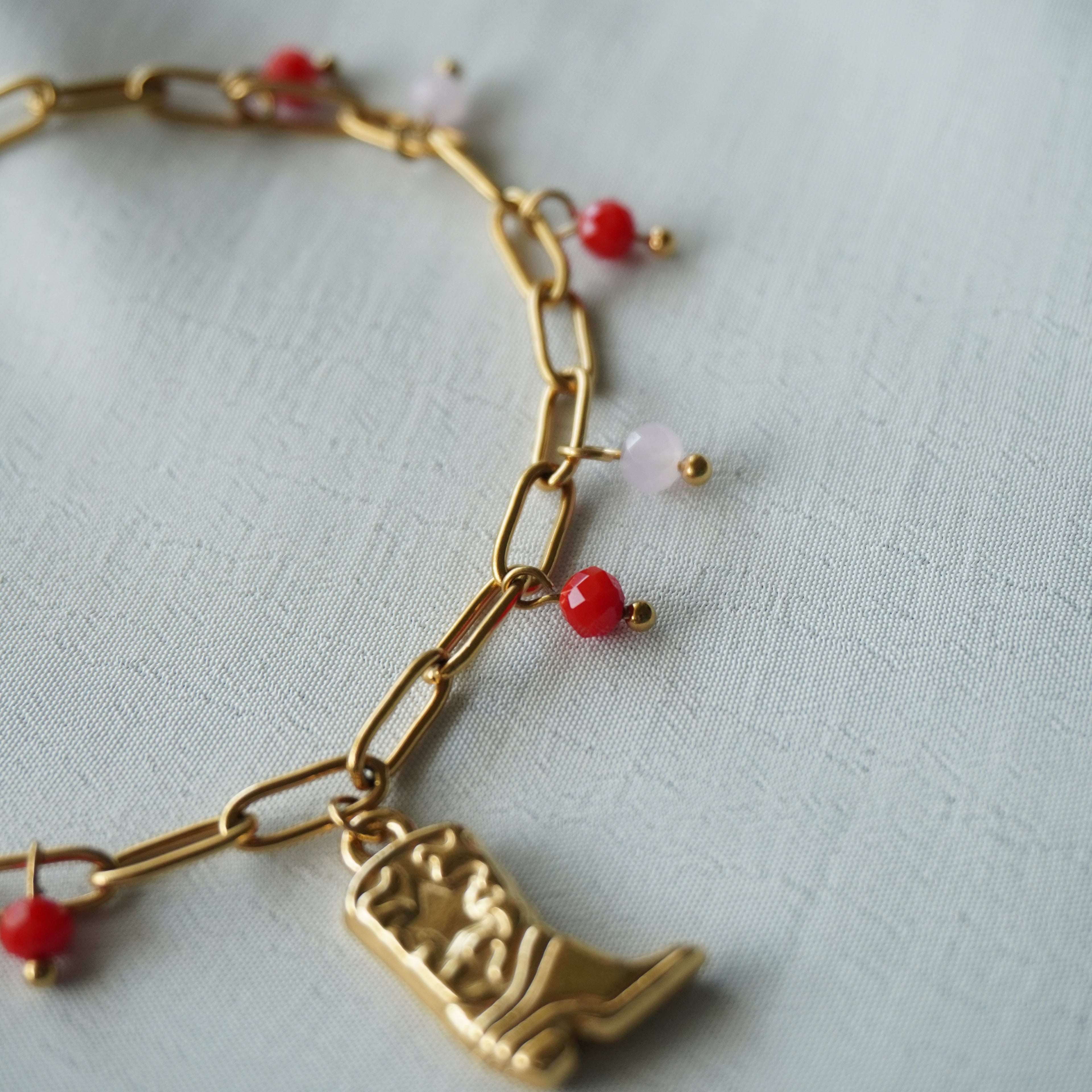 Bracelet de cheville Chaz en acier inoxydable et perles de verre rouges et roses